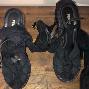 Fendi bow front Nero Black wedge espadrille